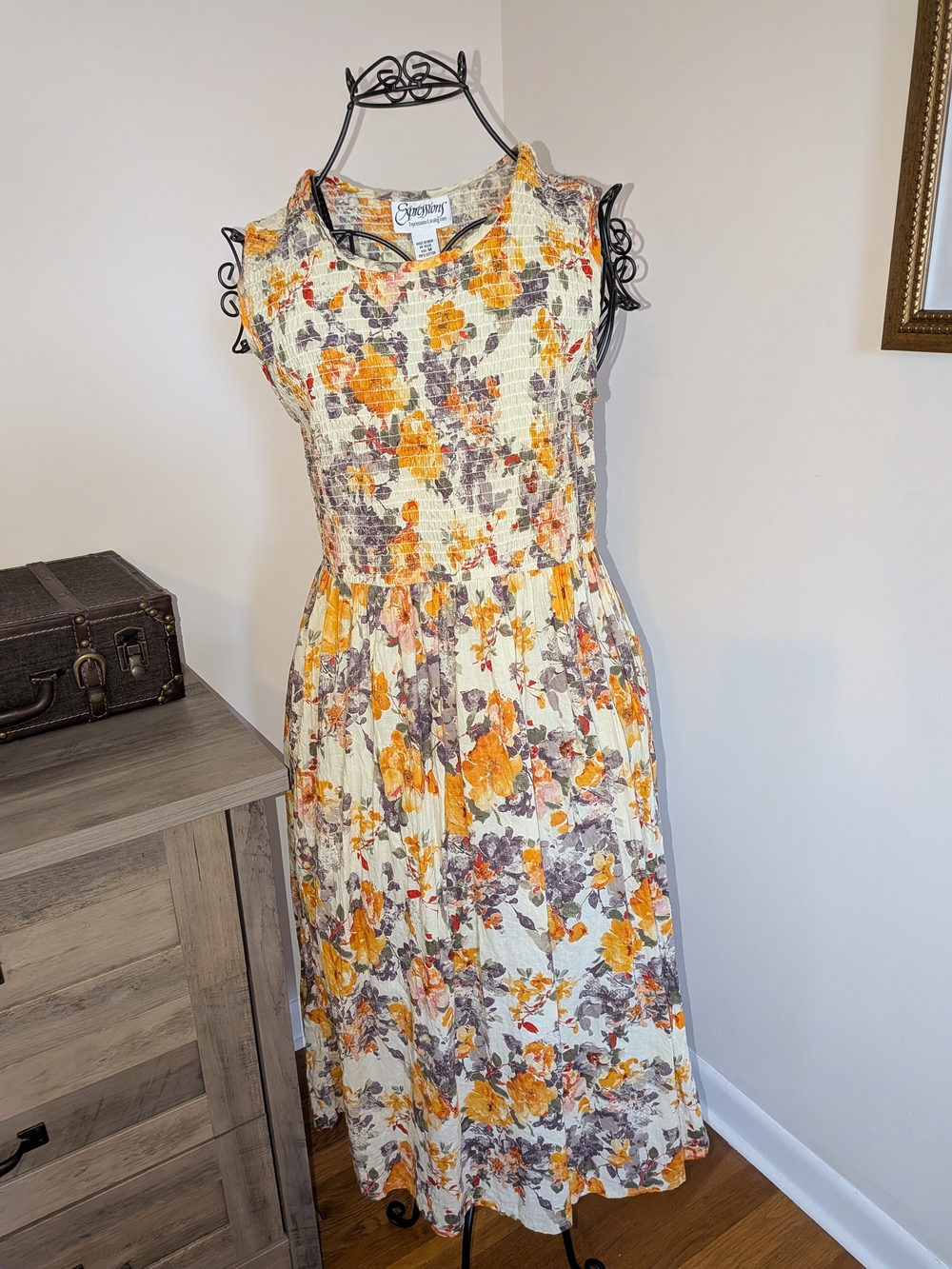Expressions Yellow & Purple Floral Sleeveless Midi Dress